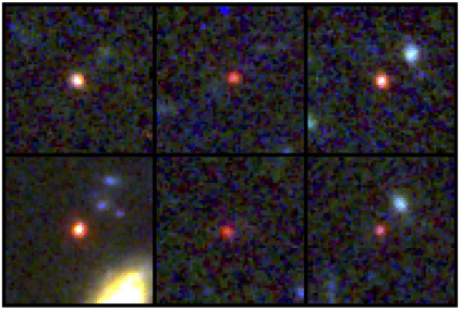 This image provided by NASA and the European Space Agency shows images of six candidate massive galaxies, seen 500-800 million years after the Big Bang. One of the sources (bottom left) could contain as many stars as our present-day Milky Way, but is 30 times more compact. AP/RSS Photo